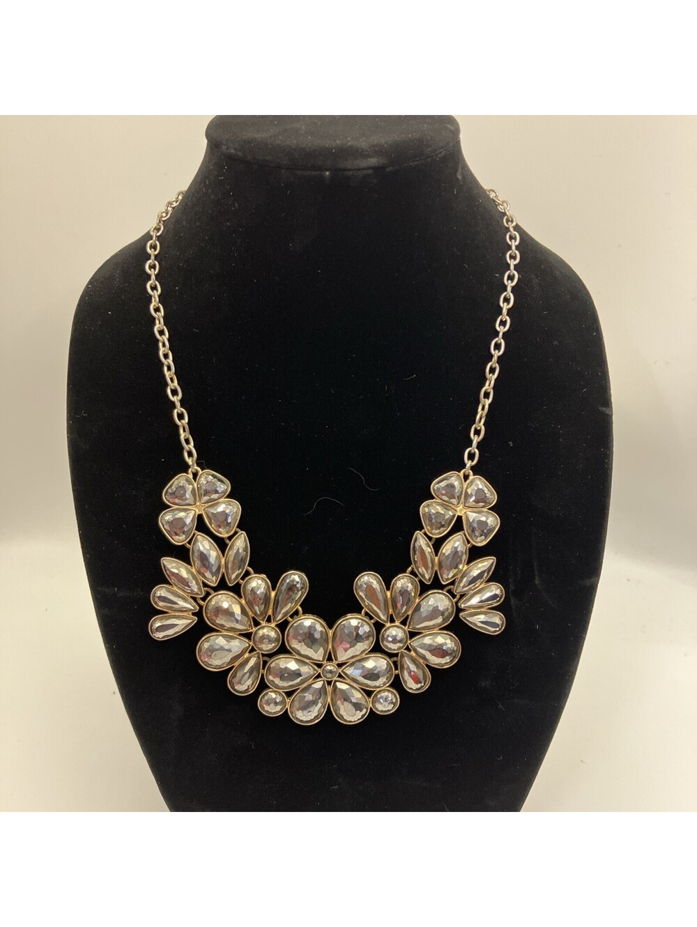 Art Deco Style Black Flower Statement Necklace. 10”-12” Lobster Claw Clasp